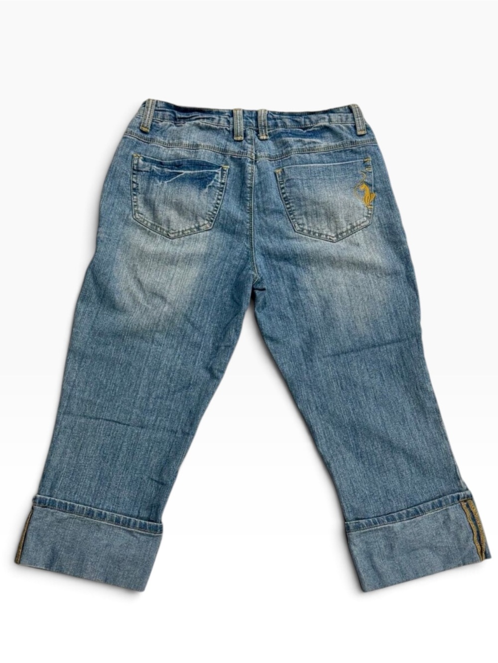Vintage Y2K Baby Phat Cuffed Capri Jeans Gold Cat Size 7